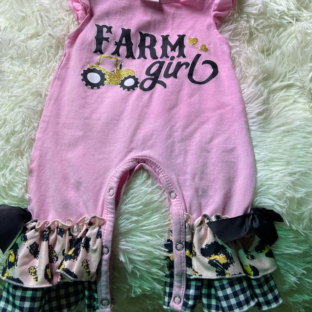 Pink Farm Girl Romper with Tractor Design